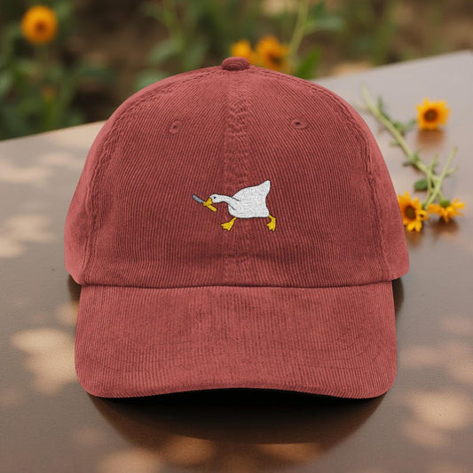 Goose with Butter Knife Corduroy Hat, Embroidered Funny Animal Vintage Hat
